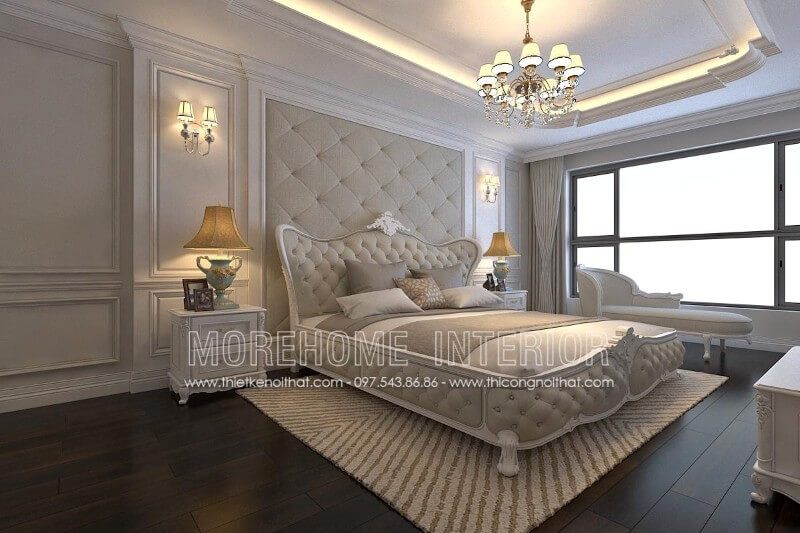 Mẫu giường ngủ chung cư cao cấp được thiết kế với kiểu dáng tân cổ điển, từng đường nét chạm khắc được trau chuốt, tỉ mỉ mang lại không gian đầy sang trọng và đẳng cấp hơn cả